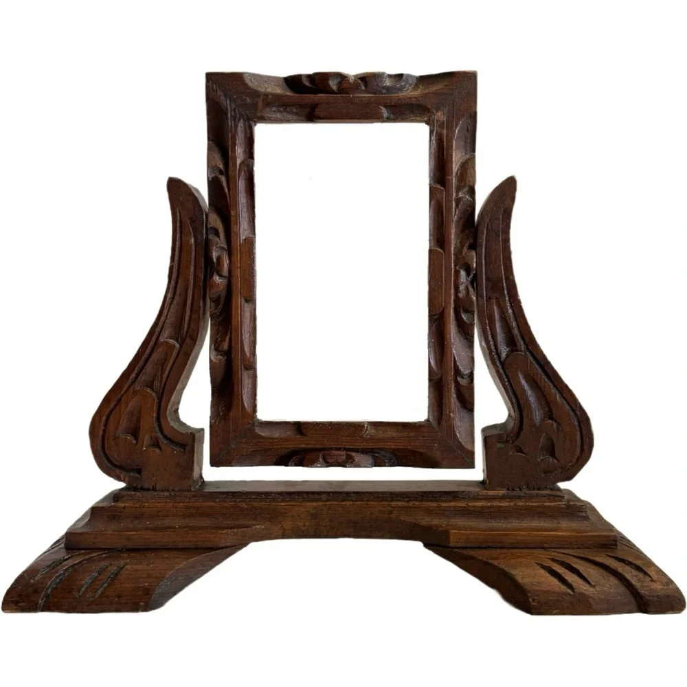 Antique Carved Wood Vanity Dresser Swivel Mirror Picture Frame Only Hand Made